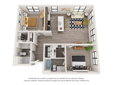 Floor plan for 2 beds, 2 baths, 1031 sqft